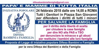 Sabato 24 febbraio a Roma, il “Comitato Difesa Bambini e Famiglia” in piazza San Giovanni