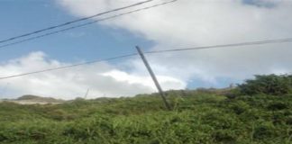 “A monte della strada statale 113/dir al km 27 a San Saba (Messina), due pali in legno che sorreggono i cavi della linea telefonica sono inclinati”