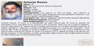 Continuano senza sosta, le ricerche del 78enne Antonio Russo scomparso venerdì notte da Terme Vigliatore
