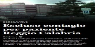 GOM Bianchi-Melacrino-Morelli (Reggio Calabria): escluso il contagio dal nuovo Coronavirus, 2019-nCoV, della paziente di 36 anni