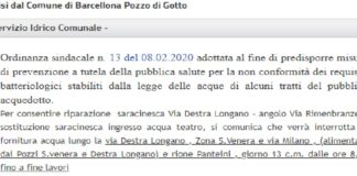 L’amministrazione comunale ha diffuso una nota sulla contaminazione da coliformi che ha condotto all’adozione dell’ordinanza n. 13 dell’8 febbraio 2020 con cui si fa divieto di utilizzo per l’uso potabile ed alimentare dell’acqua erogata dal civico acquedotto in alcune zone della città
