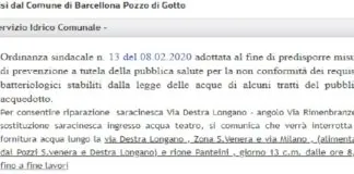 L’amministrazione comunale ha diffuso una nota sulla contaminazione da coliformi che ha condotto all’adozione dell’ordinanza n. 13 dell’8 febbraio 2020 con cui si fa divieto di utilizzo per l’uso potabile ed alimentare dell’acqua erogata dal civico acquedotto in alcune zone della città