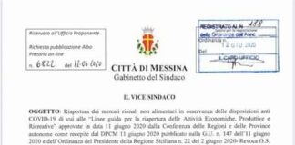 Con ordinanza del Vice Sindaco (di Messina)…, Salvatore Mondello, n. 188 del 12 giugno 2020 è stato revocato il provvedimento sindacale n. 174 del 25 maggio 2020