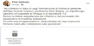“Ho richiesto in data di oggi formalmente al Direttore generale dell’Asp facente funzioni, professore Dino Alagna, un sopralluogo ispettivo all’ospedale di Milazzo ed a quello di Barcellona”
