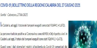 Questi sono i dati giornalieri (relativi all’epidemia da Covid-19 comunicati dai Dipartimenti di Prevenzione delle AA.SS.PP. della Regione Calabria) del 27 giugno 2021