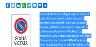Da lunedì 28 sino al 23 luglio, vigerà il divieto di sosta, 0-24, per singoli tratti di intervento giornalieri, su entrambi i lati di via Consolare Pompea, nel tratto compreso tra l’impianto di sollevamento Paradiso e “Villa Pace”