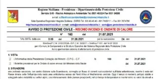 E’…, questo…, l’avviso numero 160 emesso ieri 31 luglio 2021… dai responsabili del Dipartimento della Protezione Civile della Regione Siciliana e valido dalla mezzanotte di oggi 1 agosto per le successive 24 ore