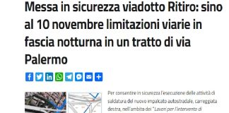 Per consentire in sicurezza l’esecuzione delle attività di saldatura del nuovo impalcato autostradale, carreggiata destra, nell’ambito dei “Lavori per l’intervento di adeguamento statico e miglioramento sismico del viadotto Ritiro sull’Autostrada A- 20 Messina-Palermo, con previsione di rinforzo delle pile, fondazioni e sostituzione degli impalcati con tipologia schemi strutturali di nuova concezione, misti acciaio/calcestruzzo a travata continua”, sono stati adottati provvedimenti viari