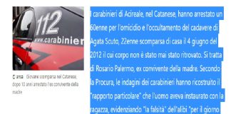 I carabinieri di Acireale, nel Catanese, hanno arrestato un 60enne per l’omicidio e l’occultamento del cadavere di Agata Scuto, 22enne scomparsa di casa il 4 giugno del 2012 il cui corpo non è stato mai stato ritrovato