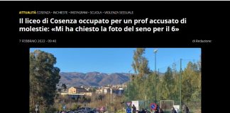 Una studentessa del liceo scientifico del polo scolastico “Valentini-Majorana” di Castrolibero, in provincia di Cosenza, oggi maggiorenne, avrebbe presentato denuncia ai Carabinieri raccontando di essere stata vittima di molestie a sfondo sessuale da parte di un insegnante quando era al primo anno di scuola