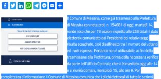 I responsabili del Comune di Messina, come già trasmesso ai componenti della locale Prefettura con nota prot. n. 154681 di oggi, martedì 14, rendono noto che per 73 sezioni rispetto alle 253 totali il dato elettorale comunicato dai Presidenti dei relativi seggi risulta squadrato