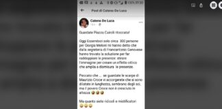 Nel pomeriggio di ieri, l’ex sindaco di Messina Cateno De Luca ha pubblicato sulle sue due omonime Pagine Facebook un Post scrivendo falsità su una fotografia realizzata durante la manifestazione di Fratelli d’Italia tenutasi in piazza Cairoli dopo le 12.15… ed alla quale ha partecipato la leader del Partito Giorgia Meloni… in cui è stato immortalato Maurizio Croce il candidato del centrodestra alle Elezioni del 12 giugno 2022