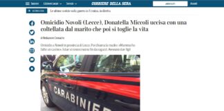 Donatella Miccoli, 38 anni, è stata uccisa con una coltellata dal marito Matteo Verdesca: l’omicidio è avvenuto la scorsa notte nella loro abitazione a Novoli (Lecce), poco prima delle 2 di notte