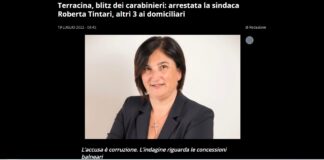La sindaca di Terracina Roberta Tintari è finita in manette questa mattina: l’arresto è avvenuto nell’ambito di una vasta operazione condotta dai carabinieri nella città balneare in provincia di Latina, che risulta ancora in pieno svolgimento
