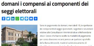 Sono in pagamento da domani, mercoledì 10, le spettanze dei componenti di seggio (presidenti, segretari e scrutatori) relative alle Consultazioni Amministrative e Referendarie 2022