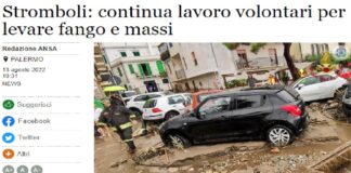 Continua il lavoro dei volontari della Protezione Civile, oltre che degli abitanti aiutati anche da turisti, per pulire le stradelle di Stromboli dal fango e dai massi scesi a valle dopo i temporali dell’altra notte