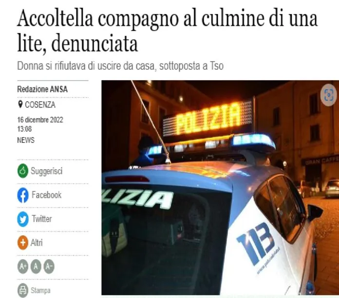 Donna accoltella compagno Cosenza
