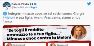 I responsabili di Fratelli d’Italia, su Twitter, hanno riportato alcune minacce ricevute dalla premier Giorgia Meloni da un utente