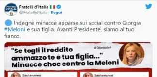 I responsabili di Fratelli d’Italia, su Twitter, hanno riportato alcune minacce ricevute dalla premier Giorgia Meloni da un utente