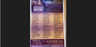 I responsabili dell’associazione 7000 di volontariato, con l’organizzazione di Ela Carnabuci ritornano, dopo due anni di silenzio, a presentare la Mostra di creazioni artigianali di artisti messinesi evento solidale, che si terrà nei giorni del 17 e 18 dicembre, sabato e domenica prossimi, presso il Monte di Pietà di via 24 maggio a Messina