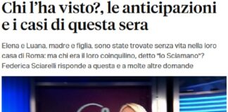 Federica Sciarelli conduce oggi, 1° febbraio 2023 dalle 21.20 su Rai 3, una nuova puntata di “Chi l’ha visto?”: molto spazio è riservato al caso di Elena e Luana, madre e figlia trovate morte e legate all’inquietante figura di Paolo Rosafio, detto “lo Sciamano”