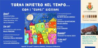 Domani, venerdì 10, alle ore 17, al Palacultura nella Sala Rari della Biblioteca comunale “Tommaso Cannizzaro”, alla presenza del Sindaco Federico Basile e dell’Assessore alle Politiche Culturali Enzo Caruso, si terrà l’evento “Torna indietro nel tempo…con i ‘cunti’ siciliani”