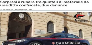 I Carabinieri della Stazione di Partanna hanno denunciato per furto aggravato due palermitani di 32 e 42 anni: durante un servizio di pattuglia finalizzato alla repressione dei reati contro il patrimonio, i Carabinieri hanno notato un autocarro sospetto nei pressi di una ditta confiscata