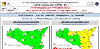 I responsabili della Protezione Civile della Regione Siciliana, hanno rilasciato alle ore 16:00 odierne, il bollettino di allerta meteo per rischio idrogeologico valido per domani, martedì 02 maggio 2023, dalle ore 00:00 alle ore 24:00