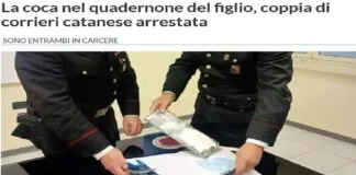350 grammi di cocaina purissima e pressata, nascosta tra le pagine del quadernone del figlio: è questo l’ingegnoso nascondiglio scelto da una coppia di catanesi, arrestata dopo essere stata sottoposta ad un controllo dei carabinieri a Belvedere, nell’ingresso nord di Siracusa