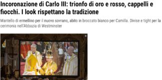 Oro e rosso, velluto ed ermellino, diamanti e ametiste: brilla la cerimonia di investitura di Re Carlo III coi brillanti del collier imperiale della regina Camilla, settantacinquenne acqua e sapone, l’abito regale di broccato bianco ed oro, i capelli sciolti e pettinati in modo naturale