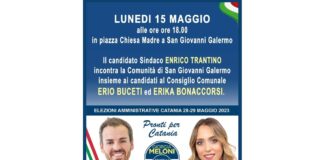Oggi 15 maggio 2023…, alle 18.00 in piazza Chiesa Madre si terrà un incontro tra il candidato sindaco di Catania Enrico Trantino e la comunità di San Giovanni Galermo, insieme ai candidati al Consiglio comunale di Catania, nella lista di Fratelli D’Italia, Erio Buceti e Erika Bonaccorsi