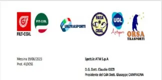 I rappresentanti delle Sezioni di Messina dei Sindacati… ‘FILT-CGIL (M. Parisi), FIT-CISL (S. Bonafede), Uiltrasporti (F. Macrì), FAISA-CISAL (F. Borgia), UGL-Autoferro (A. Nostro) e ORSA-TRASPORTI (F. Perre)’ ieri lunedì 19 giugno 2023 hanno inviato una nota a: 1) Spett.le ATM S.p.A. – D.G. Dott. Claudio Iozzi; 2) Presidente del CdA Dott. Giuseppe Campagna; 3) Spett.le Questura di Messina – dipps145.00F0@pecps.poliziadistato.it; 4) Spett.le Comando Carabinieri di Messina – stme416110@carabinieri.it; 5) Spett.le Comando polizia Municipale di Messina – sezionecomandopm@comune.messina.it