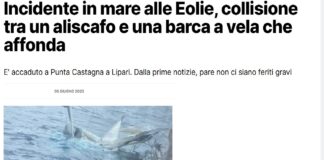 Oggi, alle 15:30, tra Salina e Lipari nei pressi di ‘Punta Castagna’ un aliscafo della Liberty Lines, Calypso, ha avuto una collisione con una barca a vela che subito dopo è affondata: a bordo del natante c’erano una bambina con i due genitori