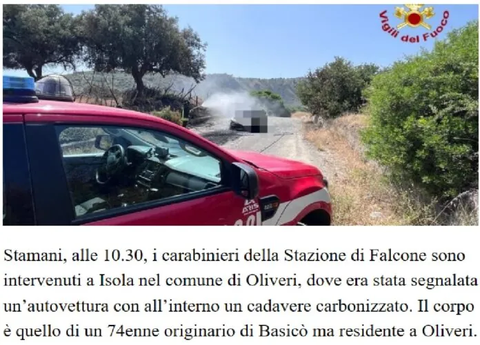 UOMO CARBONIZZATO AD OLIVERI