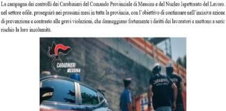 Ieri 13 settembre 2023, nel quadro delle iniziative finalizzate alla prevenzione e alla repressione dei reati inerenti alla sicurezza sui luoghi di lavoro e l’emersione del lavoro nero, disposti dal Comando Provinciale Carabinieri di Messina, d’intesa con il Dirigente dell’Ispettorato Territoriale del Lavoro di Messina Architetto Enrico Zaccone, i Carabinieri della Compagnia di Milazzo e del Nucleo Ispettorato del Lavoro di Messina hanno sottoposto a verifica un cantiere edile allestito a Venetico