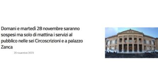 Domani e martedì 28 novembre saranno sospesi ma solo di mattina i servizi al pubblico nelle sei Circoscrizioni di Messina e a palazzo Zanca