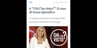 ‘Greta Spreafico è scomparsa da più di due anni…, la Procura ha indagato il giardiniere, che ha trascorso con lei quella notte del 3 giugno, e il fidanzato… documenti e testimonianze inedite su questa sparizione; e ancora il caso della sedicenne scomparsa da Viareggio: è da sola o in compagnia dell’uomo senza fissa dimora di cui si era innamorata? L’appello del padre: “Se nessuno la vede, vuol dire che qualcuno la ospita… è una minore e nasconderla è un reato. Aiutatemi a trovarla, ha ancora la possibilità di costruirsi una vita normale e di avere un futuro”; spazio poi alla vicenda di Claudia De Chirico, trovata morta in un sottopassaggio dopo essersi allontanata in seguito a un violento litigio con il compagno: dopo 8 anni e quattro richieste di archiviazione, il giudice ordina di indagare l’ex fidanzato per maltrattamenti’