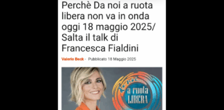 È saltato l’appuntamento con le piacevoli, intense e ricche interviste di Francesca Fialdini; come di consueto – oggi 18 maggio 2025 – appena dopo Domenica In sarebbe dovuta andare in onda una nuova puntata de ‘Da noi a ruota libera’