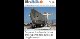 I tecnici della Procura di Termini Imerese hanno prodotto i primi rilievi sul Bayesian, il veliero affondato il 19 agosto al largo di Porticello e che si trova dal 20 giugno al porto di Termini Imerese: secondo i primi risultati lo scafo quella notte sarebbe stato inclinato di 15 gradi e già l’acqua era entrata nell’imbarcazione ancora prima che si abbattesse la tempesta nel tratto di mare palermitano