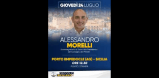 Oggi, giovedì 24 luglio, il sottosegretario alla Presidenza del Consiglio dei Ministri Alessandro Morelli farà una visita istituzionale a Porto Empedocle