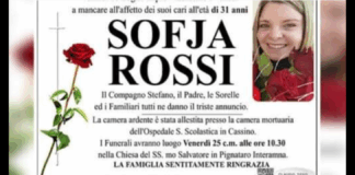 Profonda commozione a Pignataro Interamna per l’improvvisa scomparsa di Sofja Rossi, venuta a mancare venerdì 18 luglio 2025 all’età di soli 31 anni: una notizia che ha lasciato senza parole l’intera comunità e gettato nello sconforto i familiari, gli amici e chiunque avuto la fortuna di conoscerla e volerle bene