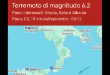 Un terremoto di magnitudo ML 6.2 è avvenuto nella zona: Costa Calabra nord occidentale (Cosenza), il 01-06-2026 22:12:35 (UTC), 02-06-2026 00:12:35 (UTC +02:00) ora italiana con coordinate geografiche (lat, lon) 39.1550, 15.8210 ad una profondità di 250 km