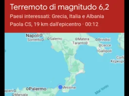 Un terremoto di magnitudo ML 6.2 è avvenuto nella zona: Costa Calabra nord occidentale (Cosenza), il 01-06-2026 22:12:35 (UTC), 02-06-2026 00:12:35 (UTC +02:00) ora italiana con coordinate geografiche (lat, lon) 39.1550, 15.8210 ad una profondità di 250 km