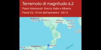 Un terremoto di magnitudo ML 6.2 è avvenuto nella zona: Costa Calabra nord occidentale (Cosenza), il 01-06-2026 22:12:35 (UTC), 02-06-2026 00:12:35 (UTC +02:00) ora italiana con coordinate geografiche (lat, lon) 39.1550, 15.8210 ad una profondità di 250 km